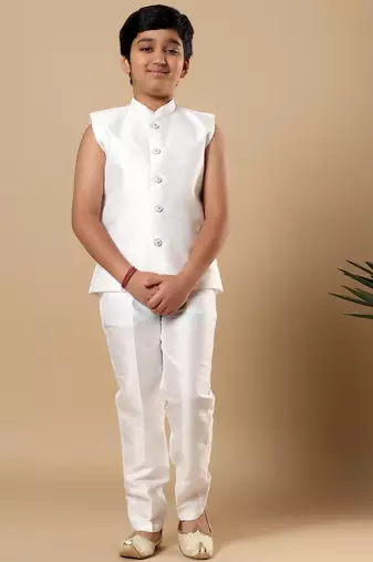 Boys white cotton silk floral vine embroidered sherwani trouser set with jacket & necklace