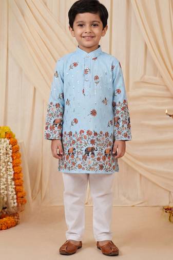 Boys light blue rayon sequined elephant floral border kurta pyjama set