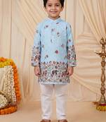 Boys light blue rayon sequined elephant floral border kurta pyjama set