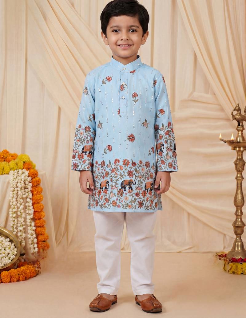 Boys light blue rayon sequined elephant floral border kurta pyjama set