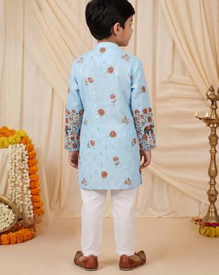 Boys light blue rayon sequined elephant floral border kurta pyjama set 2