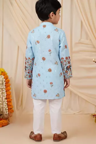 Boys light blue rayon sequined elephant floral border kurta pyjama set