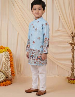Boys light blue rayon sequined elephant floral border kurta pyjama set 3
