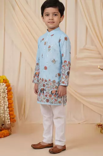Boys light blue rayon sequined elephant floral border kurta pyjama set