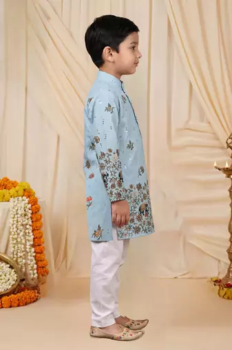 Boys light blue rayon sequined elephant floral border kurta pyjama set