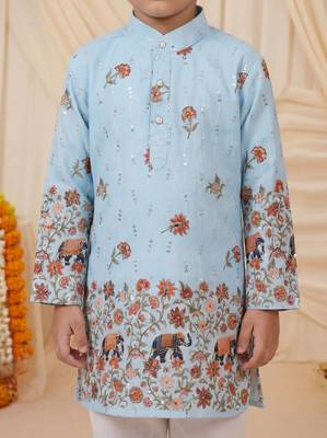 Boys light blue rayon sequined elephant floral border kurta pyjama set 5