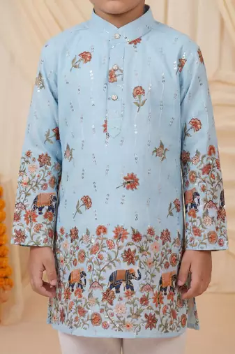 Boys light blue rayon sequined elephant floral border kurta pyjama set
