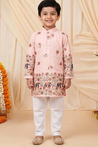 Boys peach rayon sequined elephant floral border kurta pyjama set