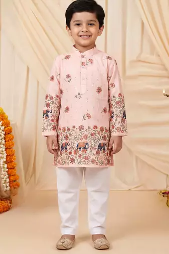 Boys peach rayon sequined elephant floral border kurta pyjama set