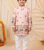 Boys peach rayon sequined elephant floral border kurta pyjama set