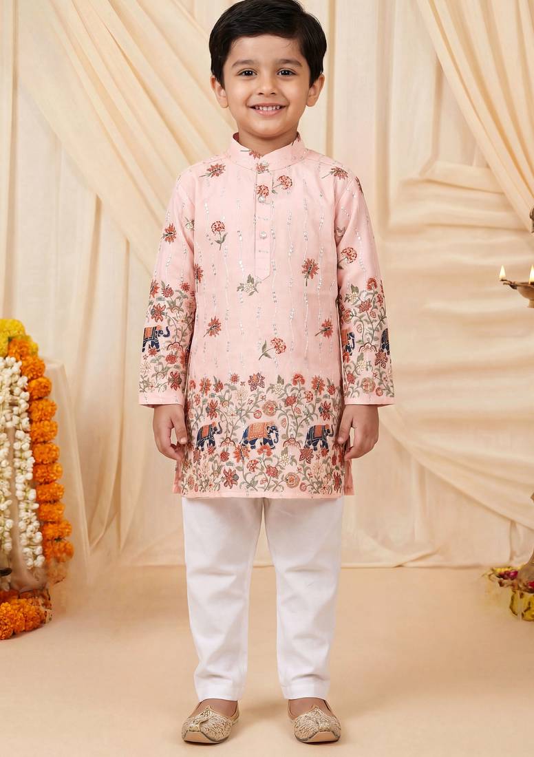 Boys peach rayon sequined elephant floral border kurta pyjama set