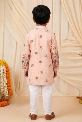 Boys peach rayon sequined elephant floral border kurta pyjama set 2