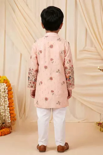 Boys peach rayon sequined elephant floral border kurta pyjama set