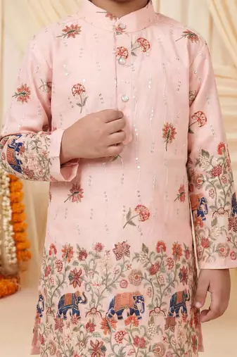 Boys peach rayon sequined elephant floral border kurta pyjama set