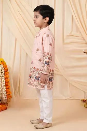 Boys peach rayon sequined elephant floral border kurta pyjama set