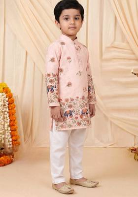 Boys peach rayon sequined elephant floral border kurta pyjama set 5
