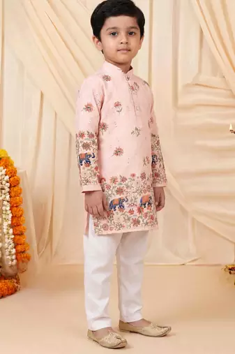 Boys peach rayon sequined elephant floral border kurta pyjama set