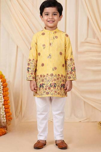 Boys yellow rayon sequined elephant floral border kurta pyjama set