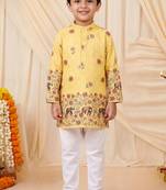 Boys yellow rayon sequined elephant floral border kurta pyjama set