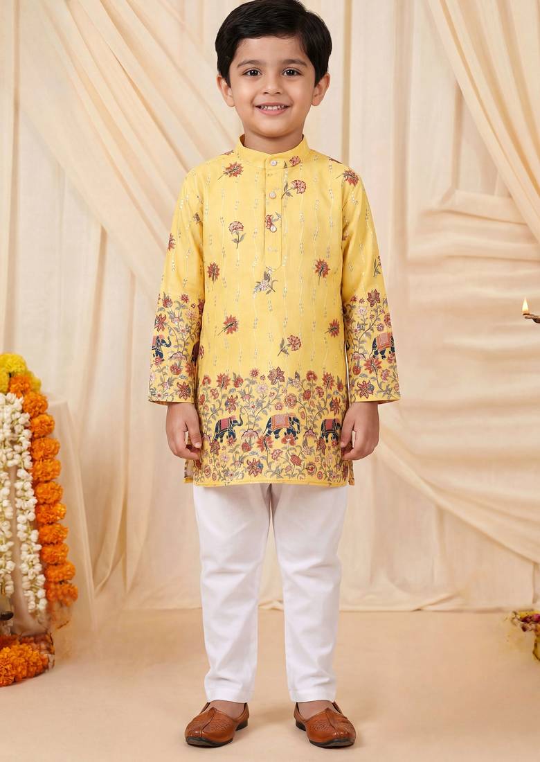 Boys yellow rayon sequined elephant floral border kurta pyjama set