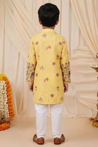 Boys yellow rayon sequined elephant floral border kurta pyjama set