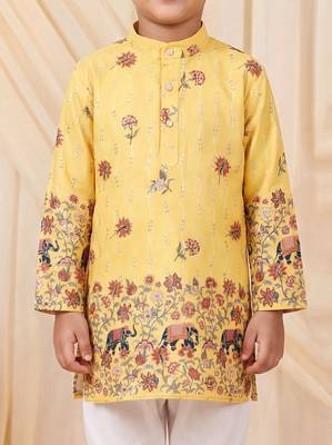 Boys yellow rayon sequined elephant floral border kurta pyjama set 3