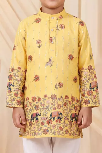 Boys yellow rayon sequined elephant floral border kurta pyjama set