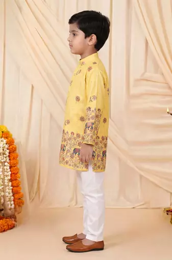 Boys yellow rayon sequined elephant floral border kurta pyjama set