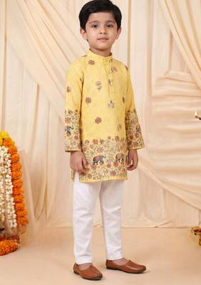 Boys yellow rayon sequined elephant floral border kurta pyjama set 5