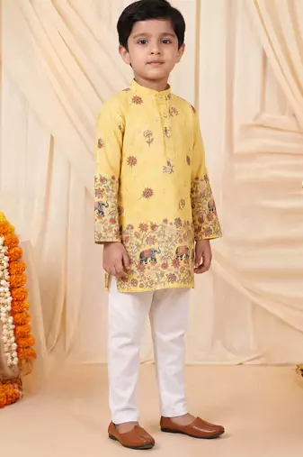 Boys yellow rayon sequined elephant floral border kurta pyjama set