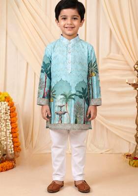 Boys sea green rayon royal garden scenic print kurta pyjama set with zigzag embroidery 1
