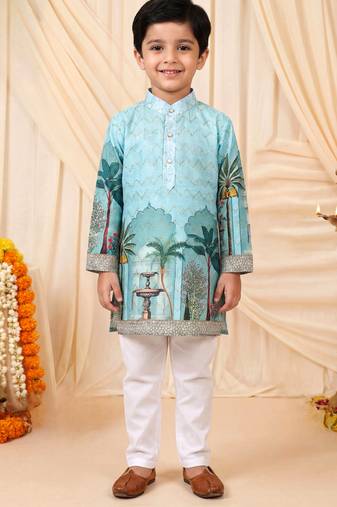 Boys sea green rayon royal garden scenic print kurta pyjama set with zigzag embroidery