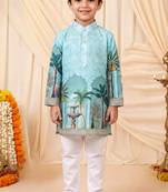 Boys sea green rayon royal garden scenic print kurta pyjama set with zigzag embroidery