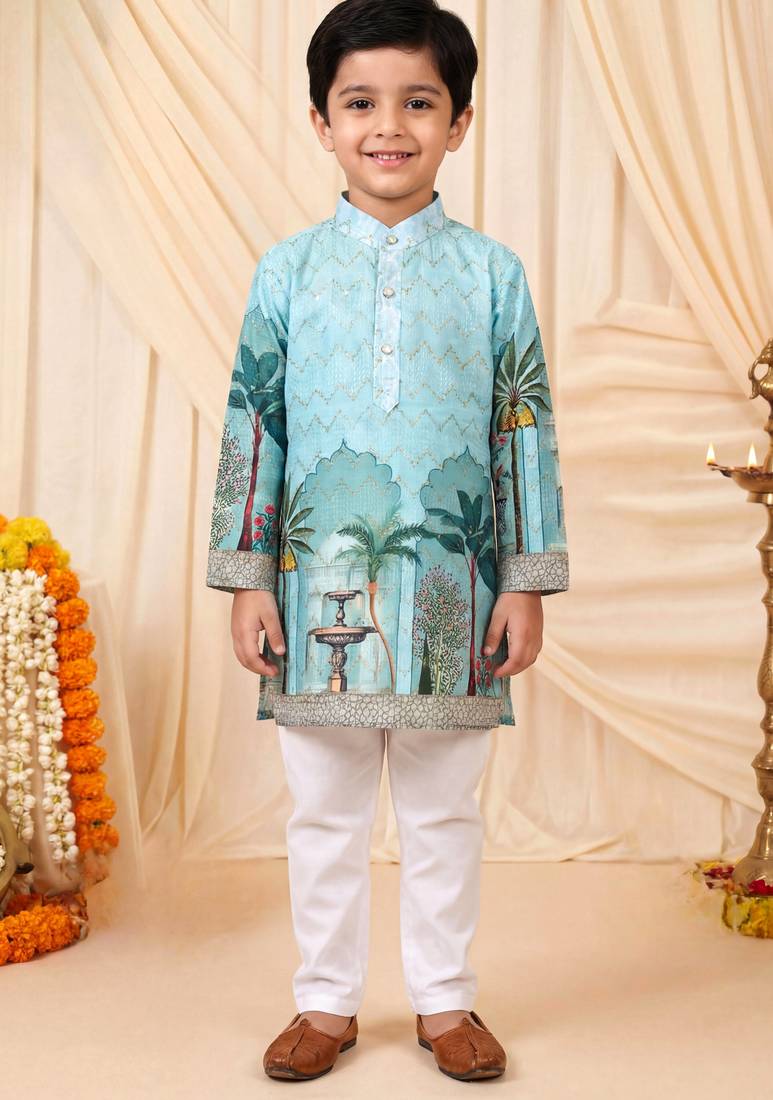 Boys sea green rayon royal garden scenic print kurta pyjama set with zigzag embroidery
