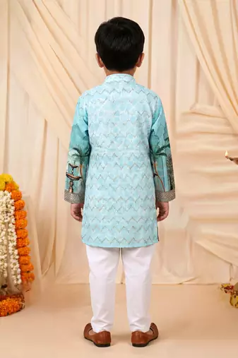 Boys sea green rayon royal garden scenic print kurta pyjama set with zigzag embroidery