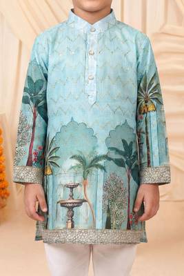 Boys sea green rayon royal garden scenic print kurta pyjama set with zigzag embroidery 3