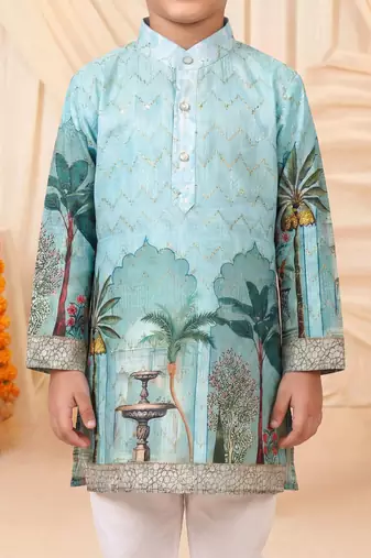 Boys sea green rayon royal garden scenic print kurta pyjama set with zigzag embroidery