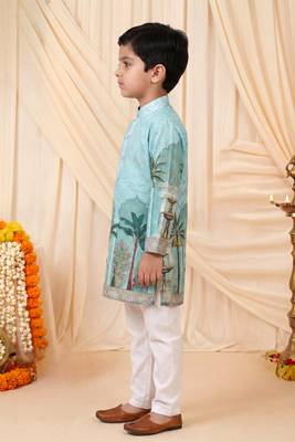 Boys sea green rayon royal garden scenic print kurta pyjama set with zigzag embroidery 4