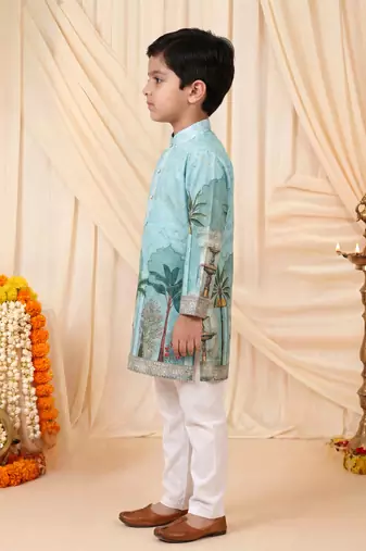 Boys sea green rayon royal garden scenic print kurta pyjama set with zigzag embroidery