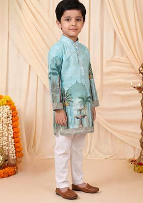 Boys sea green rayon royal garden scenic print kurta pyjama set with zigzag embroidery 5