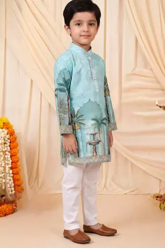Boys sea green rayon royal garden scenic print kurta pyjama set with zigzag embroidery