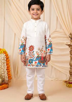 Boys off white rayon sequined elephant floral border kurta pyjama set 1