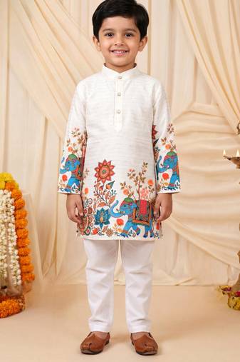 Boys off white rayon sequined elephant floral border kurta pyjama set