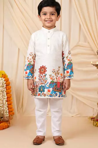 Boys off white rayon sequined elephant floral border kurta pyjama set