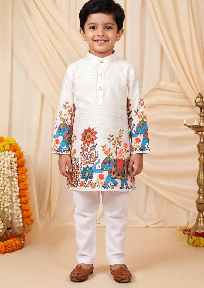 Boys off white rayon sequined elephant floral border kurta pyjama set