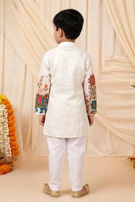 Boys off white rayon sequined elephant floral border kurta pyjama set 2