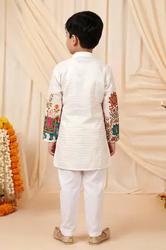 Boys off white rayon sequined elephant floral border kurta pyjama set
