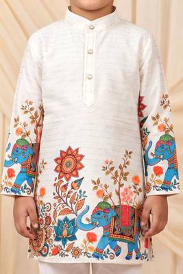 Boys off white rayon sequined elephant floral border kurta pyjama set 3