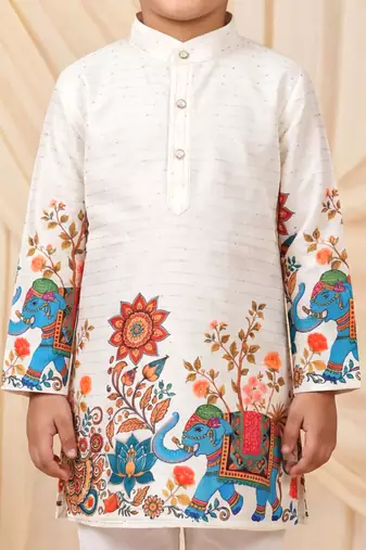 Boys off white rayon sequined elephant floral border kurta pyjama set
