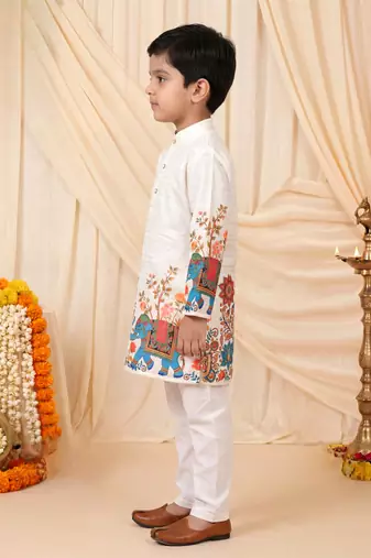 Boys off white rayon sequined elephant floral border kurta pyjama set